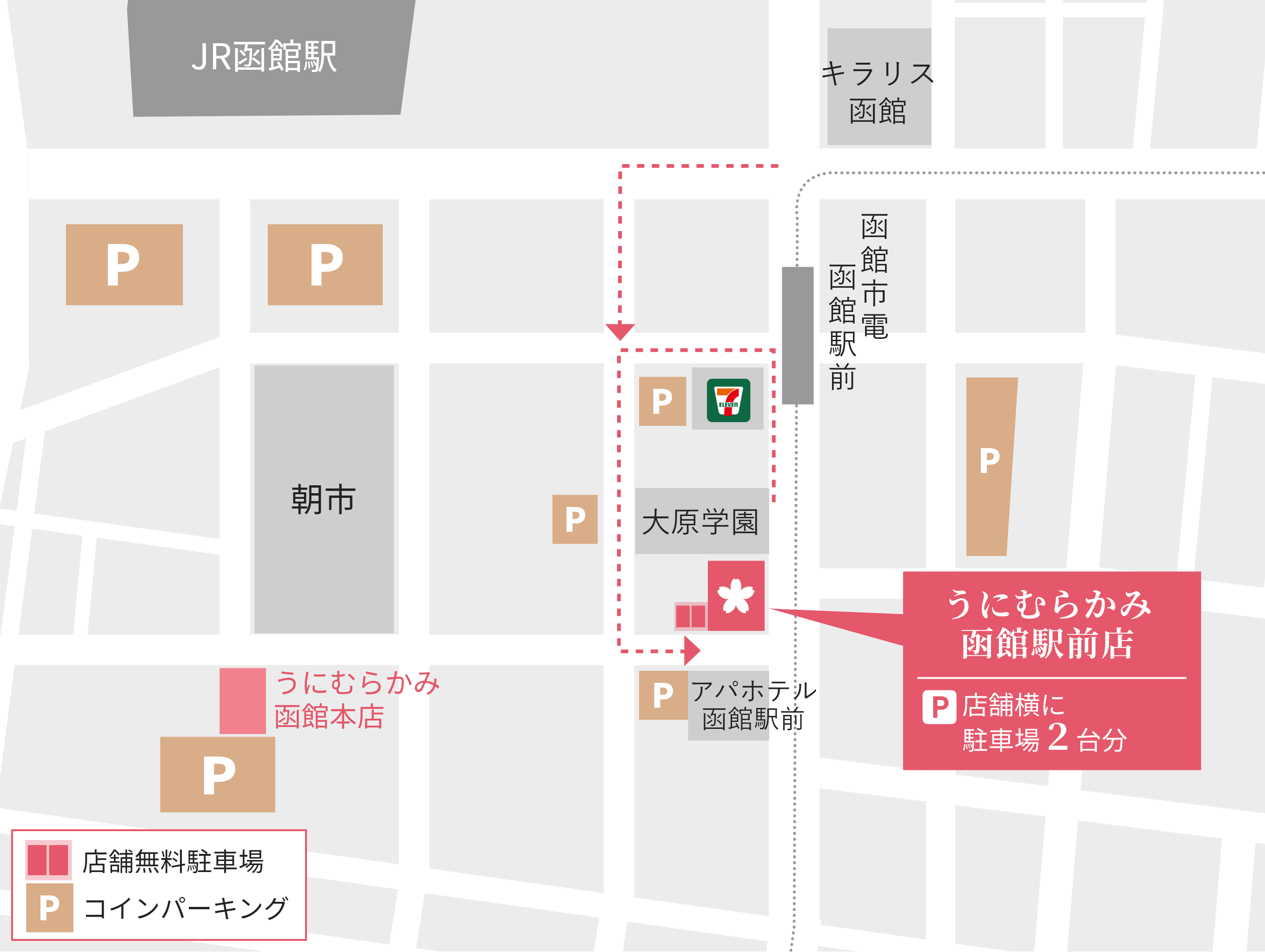 「うに むらかみ 函館駅前店」は、市電「函館駅前」で下車後、函館北洋ビル側の歩道に進むと、APAホテルと大原学園の間にございます。